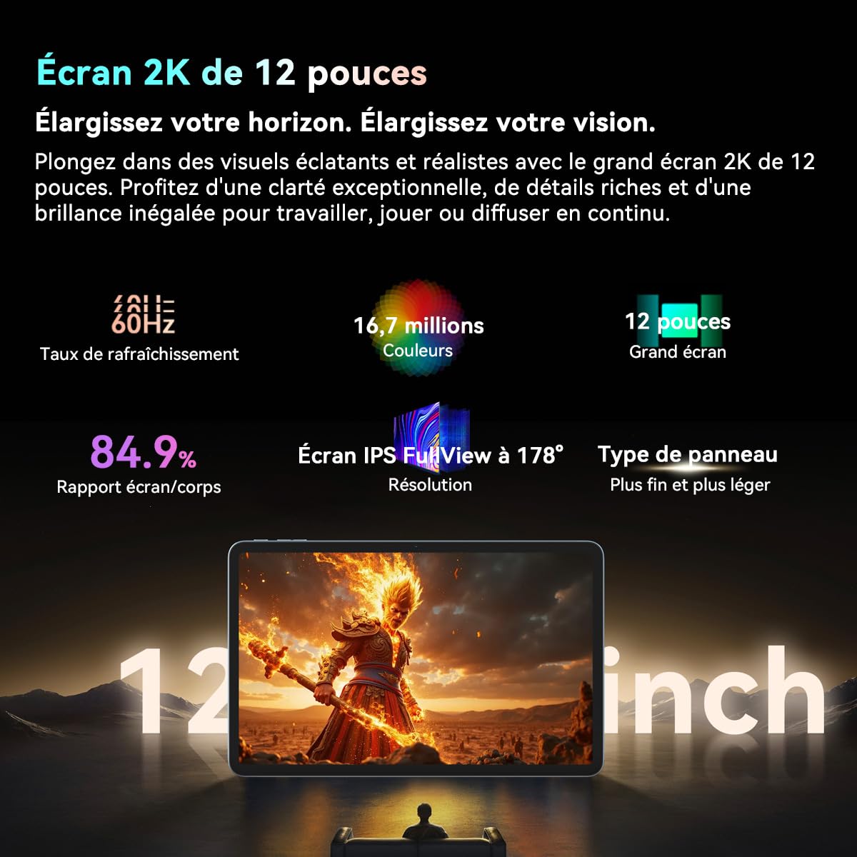 Blackview Mega2 Tablette Android 15 de 12 Pouces, 36 Go de RAM + 256 Go de Stockage, Tablette Tactile 2K FHD 120 Hz avec Batterie 9000 mAh,4G LTE + WiFi 5G,Gray