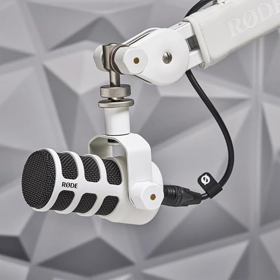 RODE PodMic Dynamic Podcasting Microphone (White) with RODE PSA1+ Professional Studio Arm (White) and XLR Cable