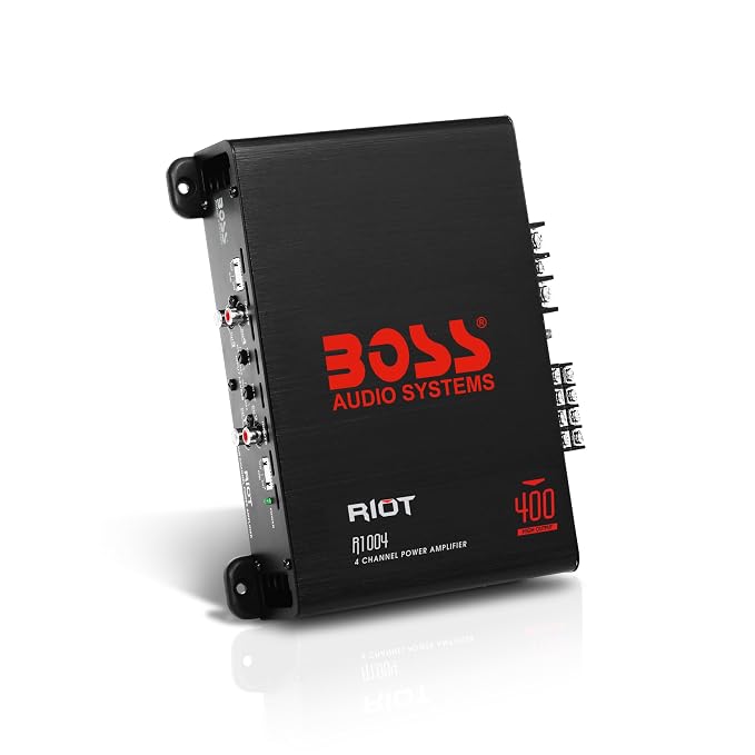 BOSS Audio Systems R1004 Riot Series 4 Channel Amplifier Car Audio - Class AB, 400 High Output, 2-8 Ohm Stable, HighLow Level Inputs, Full Range.