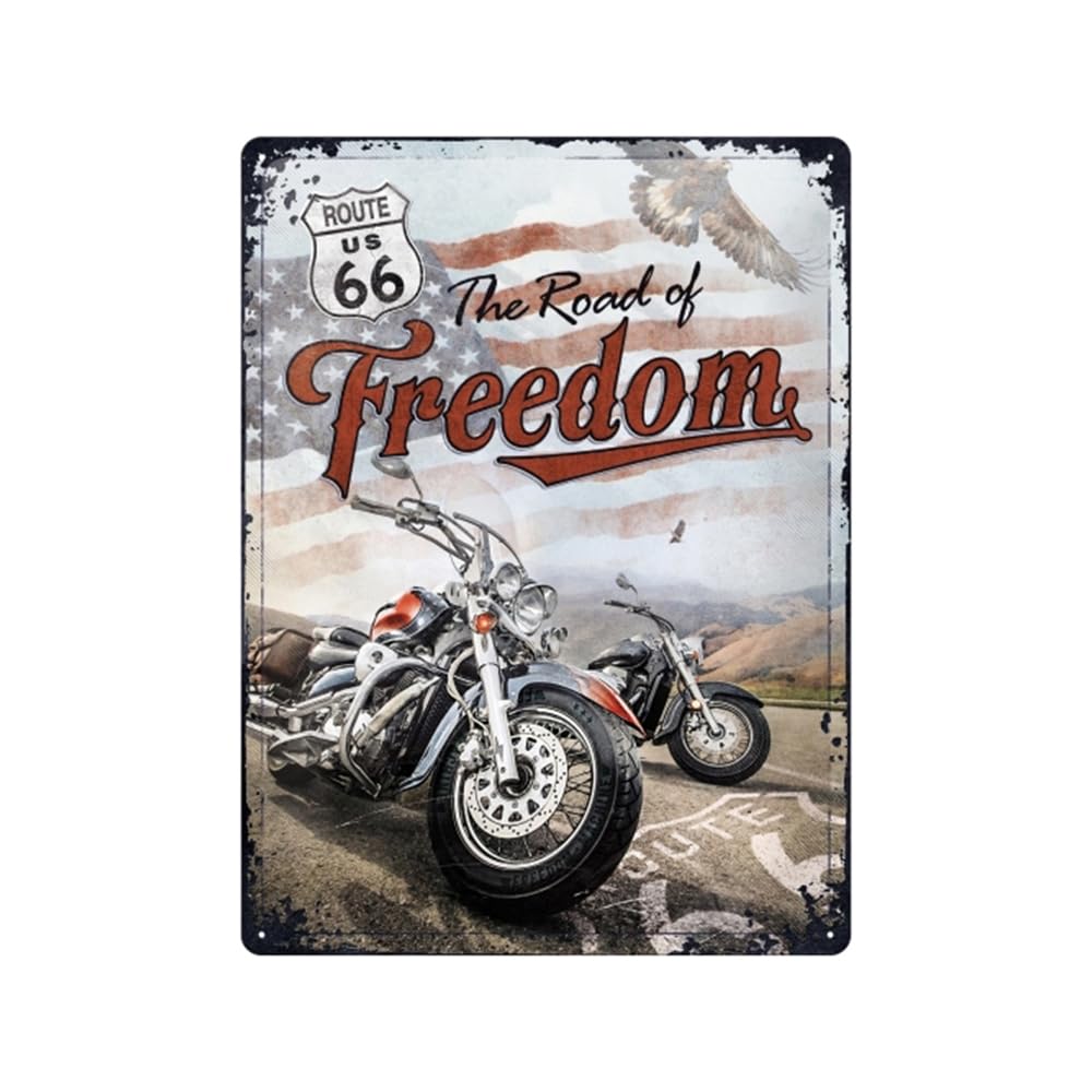 Nostalgic-Art Targhe Vintage, Route 66 Freedom – Idea regalo per amanti di moto ed USA, in metallo, Design retro per decorazione, 30 x 40 cm
