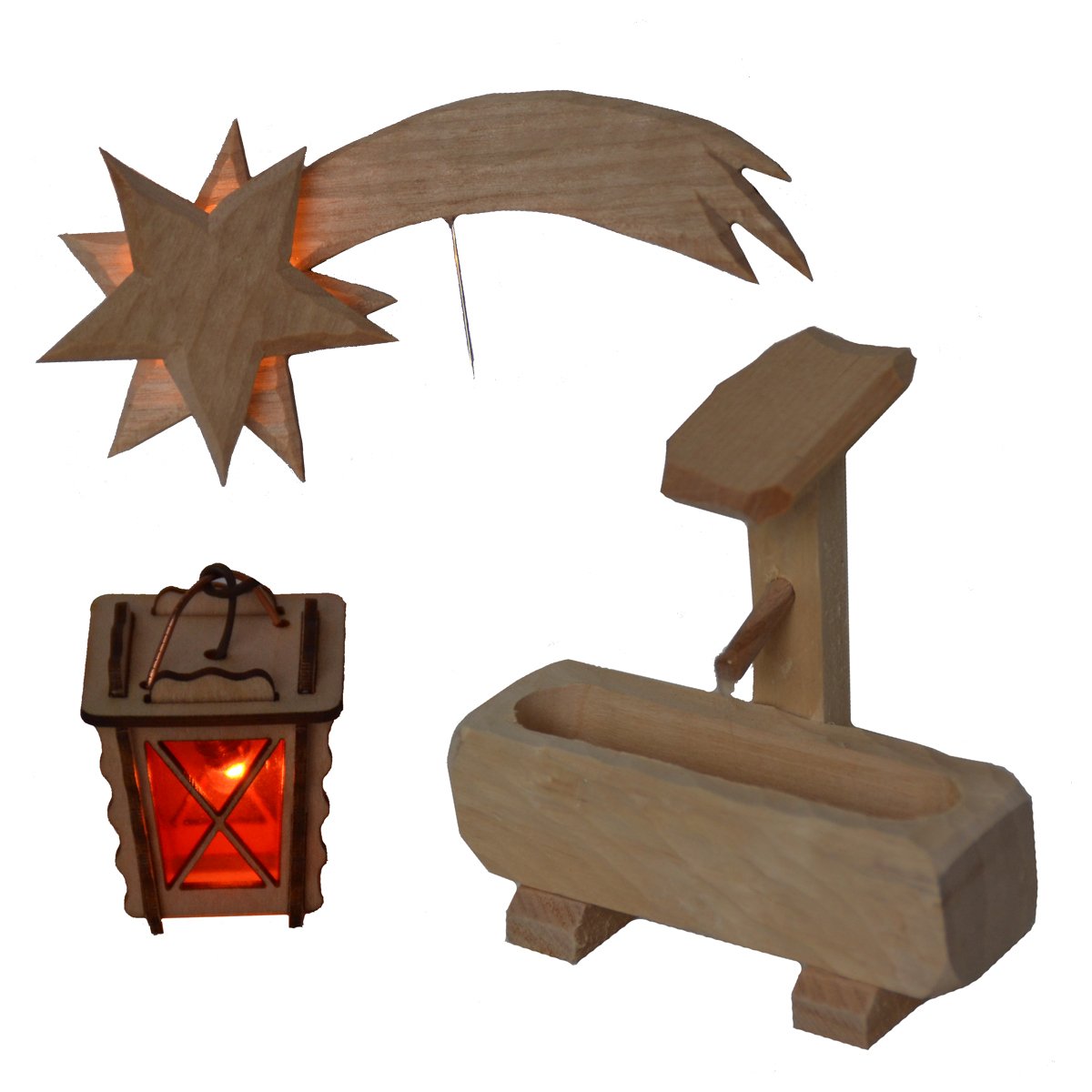AM 9 Weihnachtskrippen-Zubehör-Set Laterne und Holzkomet beleuchtet 4,5 V und Brunnen für 10-12 cm Figuren