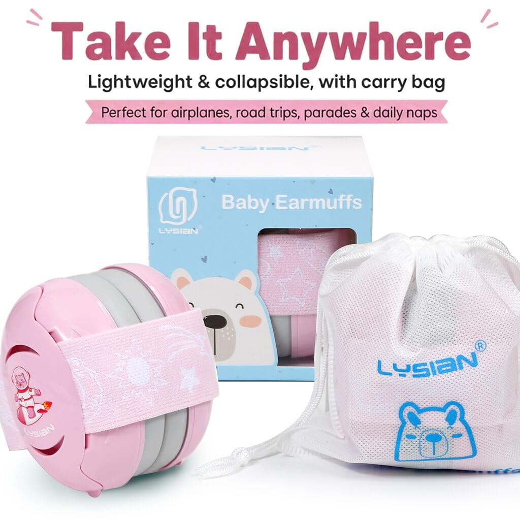 LYSIAN Baby Ear Protection Earmuffs, Infant Noise Reduction Ear Muffs with Soft Adjustable Elastic Headband, Toddler Hearing Protection for Sleep, Travel, Flights, Fireworks and Events, Pink