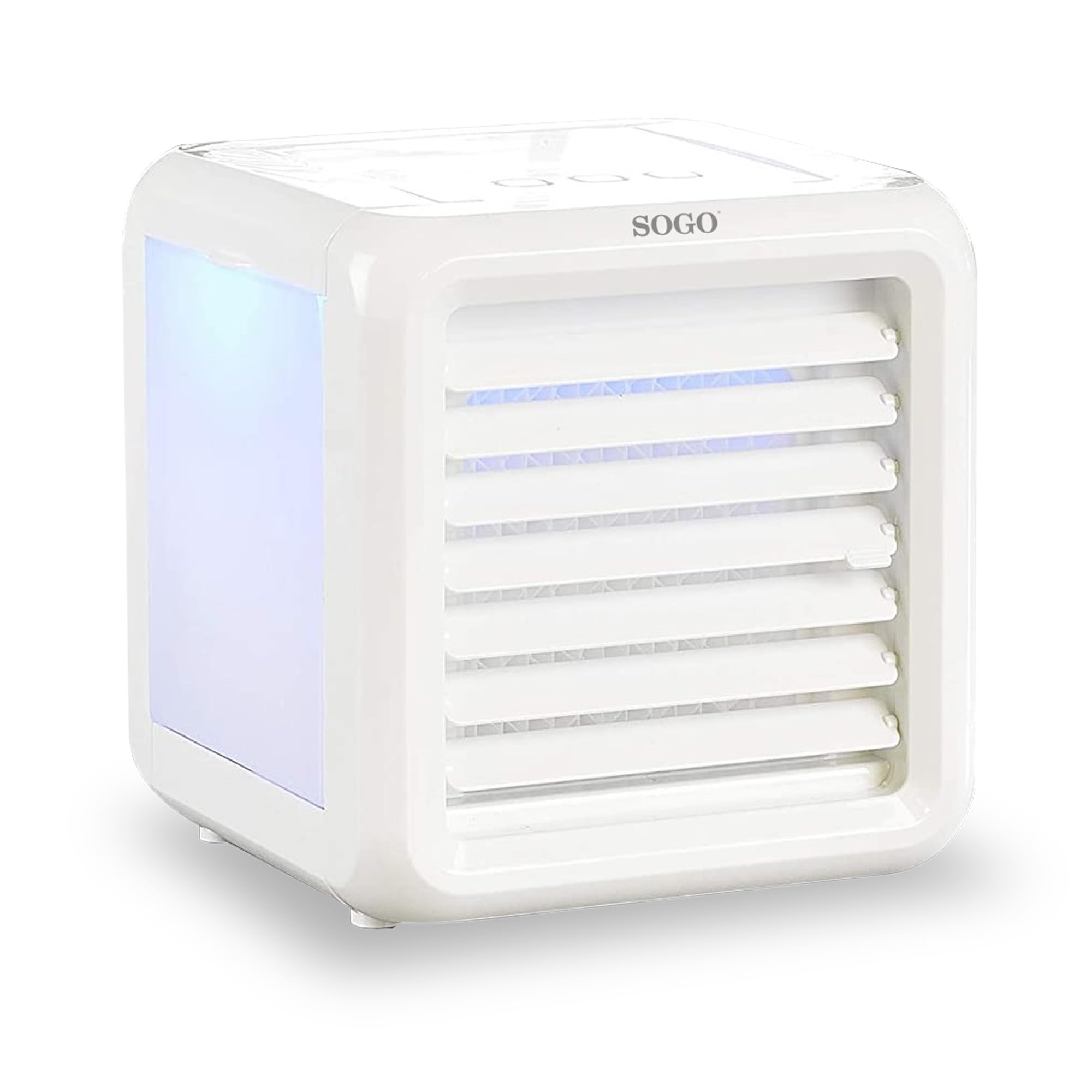 Sogo Mini Climatizador De Aire Portátil Con 7 Colores LED Y Caja De Agua Desmontable - Enfriador Aire Personal USB 3 Velocidades - Aire Acondicionado Compacto Con Flujo Ajustable Sin Adaptador