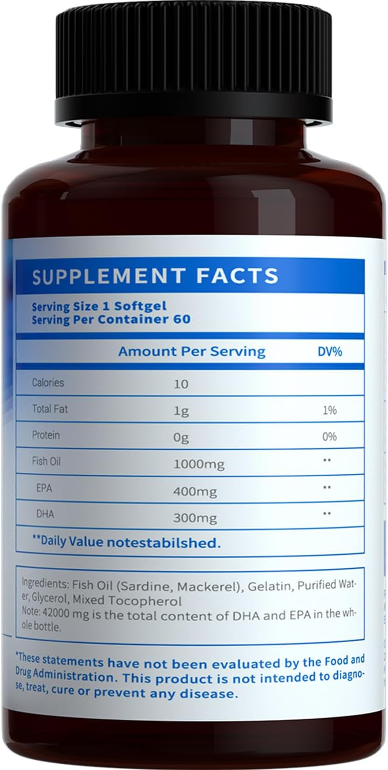 Losoki Deep Sea Fish Oil - 1000 mg EPA & DHA, Omega-3 Fatty Acids, Wild Caught Fish, Premium Burpless Softgel Supplements - 60 ct