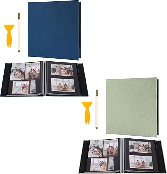 Photo Album Self Adhesive Pages Black Sticky Pages Large Scrapbook Linen Cover for 4x6 5x7 8x10 Pictures Album de Fotos Wedding Couples Baby Family Memory Book, 11x10.6 Blue & Grass Green 40 Pages