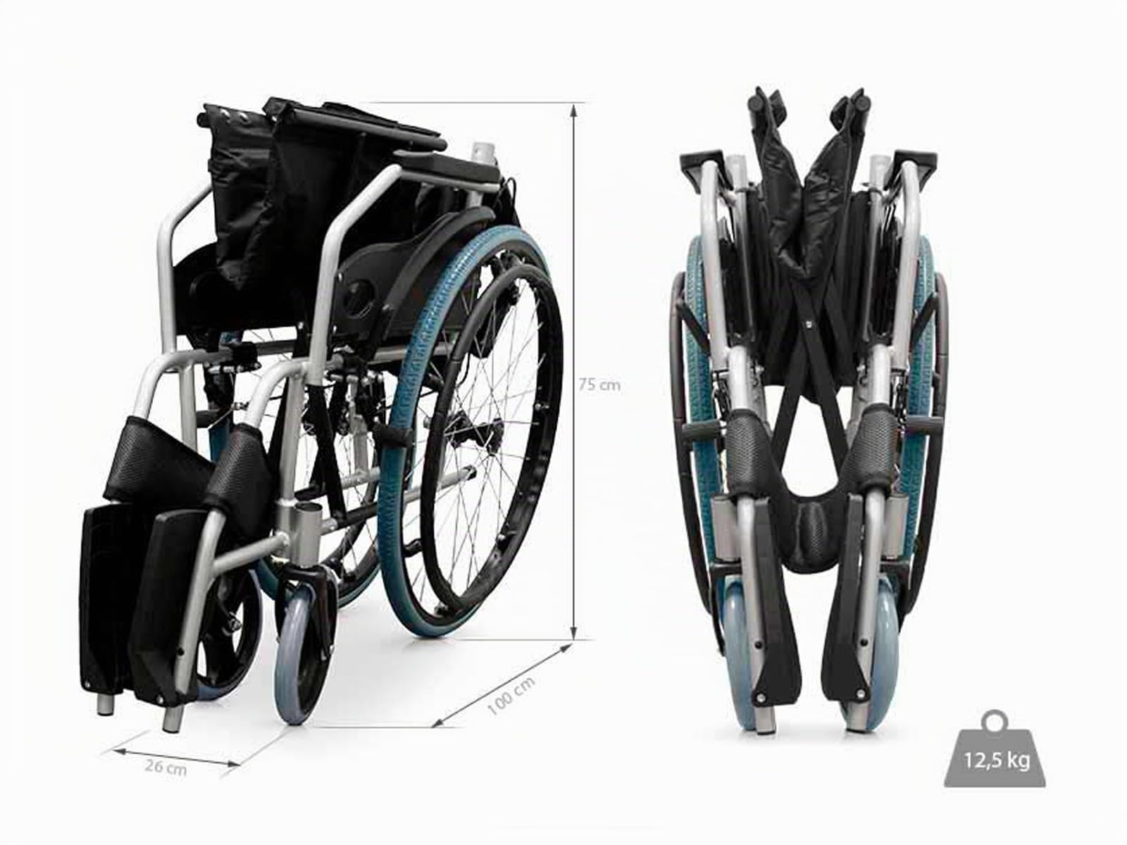 QUIRUMED Carrozzina manuale in alluminio, Pieghevole, Leggera, Larghezza sedile 46 cm, Freni a maniglia, Imbottita, Per disabili, Per anziani, Fino a 110 kg