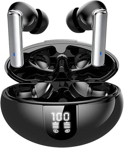 Auriculares inalámbricos Bluetooth, pantalla de alimentación LED con funda de carga inalámbrica, reproducción de 35 horas, IPX4 impermeable,
