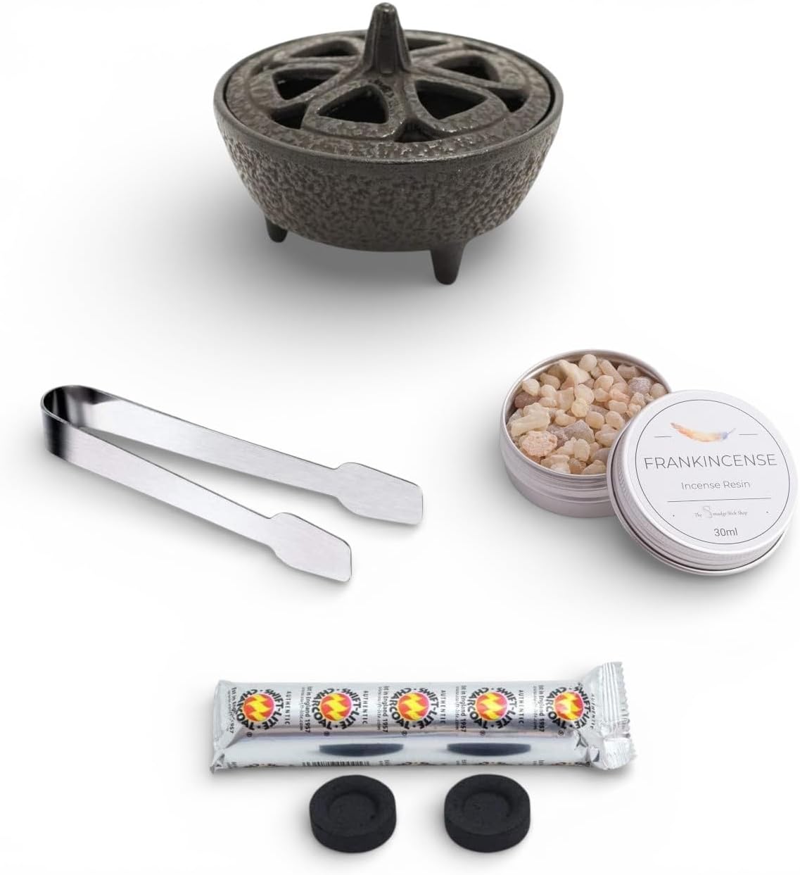 Incense Burner Kit with Cast Iron Burner, Fresh Frankincense Resin, Charcoal and Tongs -Complete Method for Burning Natural Incense