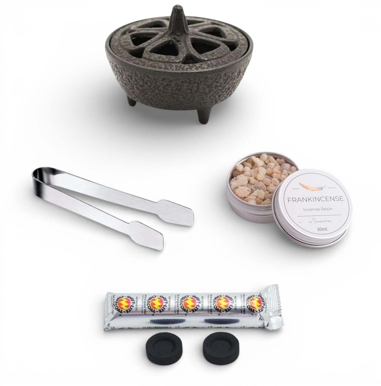 Incense Burner Kit with Cast Iron Burner, Fresh Frankincense Resin, Charcoal and Tongs -Complete Method for Burning Natural Incense