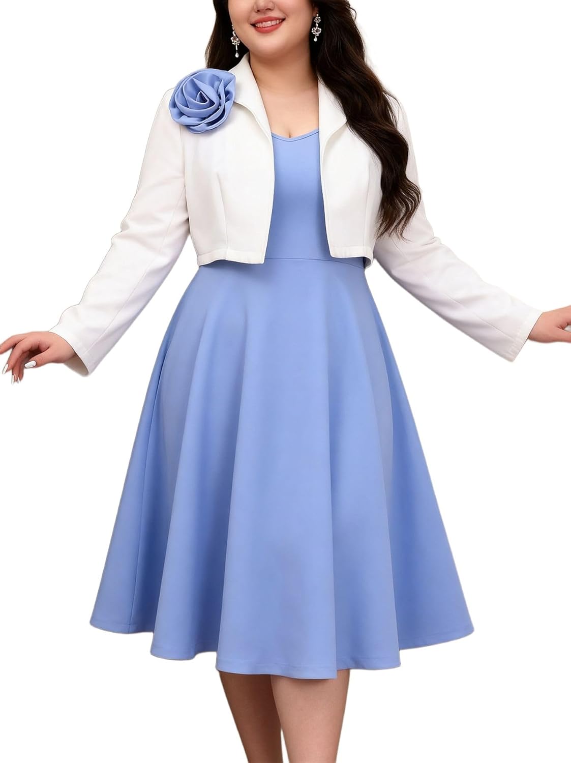 ONTINVA Women's Wedding Guest Suit Dress Two Pieces Sets 3D Flower Formal Sleeveless Dress and Crop Blazer Shrug Set