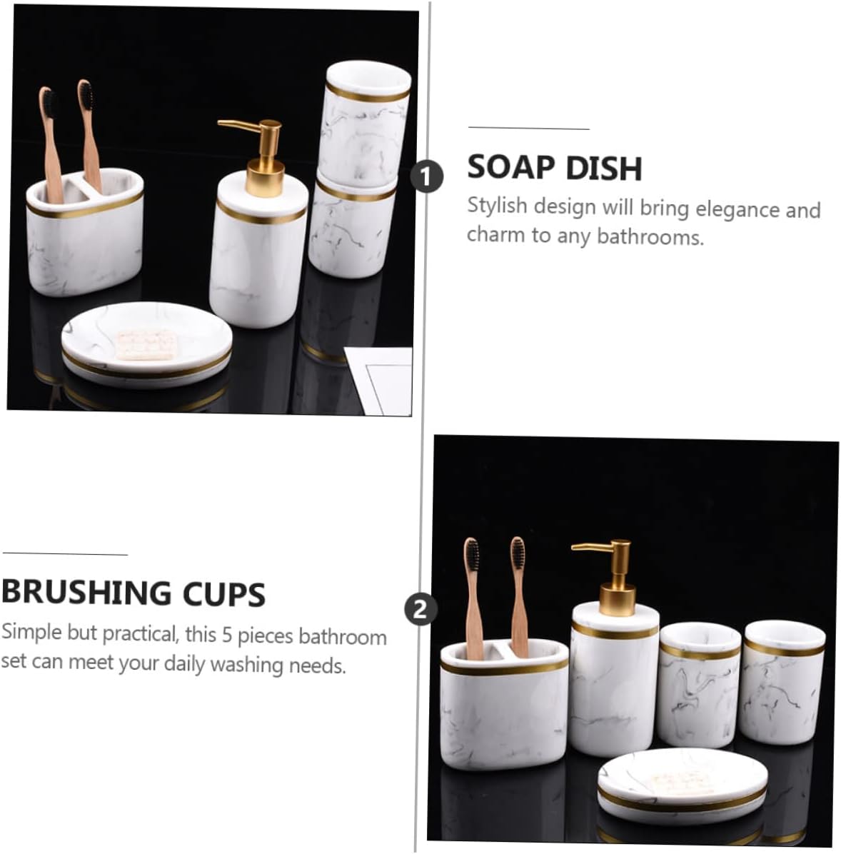 5Pcs Resin Bathroom Accessory Set Elegant Marbling Design Includes Toothbrush Holder Liquid Pump Bottles for Organizing Bathroom Supplies and Enhancing Decor