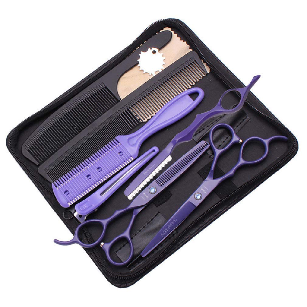 5.5 / 6.0 / 7.0 Pulgadas Conjunto De Tijeras De Peluquería Zurda, Barberos Tijeras De Corte De Cabello Profesional Tijeras De Estilo 10 PCS Kit, Luz Y Afilado, Para Hombres, Mujeres,Púrpura,5.5 Inch B