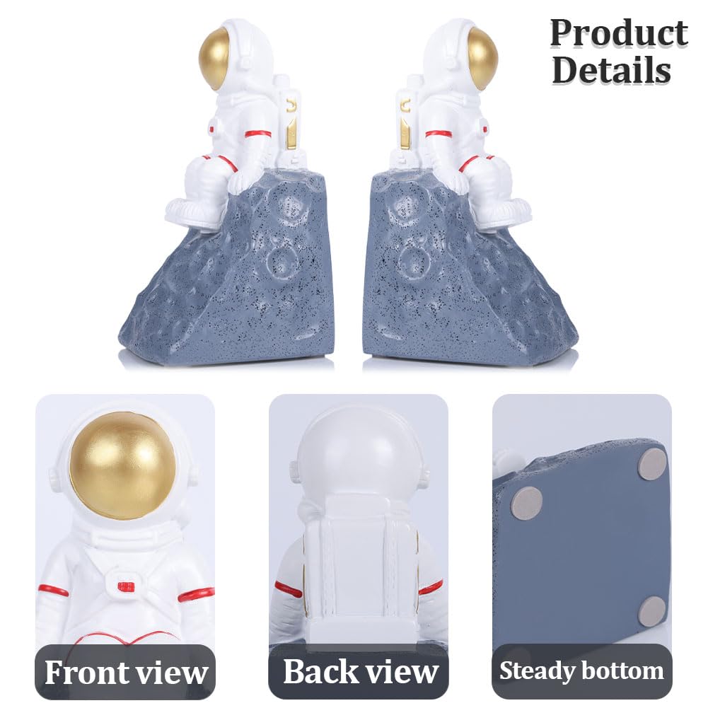 Juego de 2 sujetalibros de astronauta gris, resistentes con base antideslizante, sujetalibros de decoración espacial para habitaciones de niños, decoración de estanterías