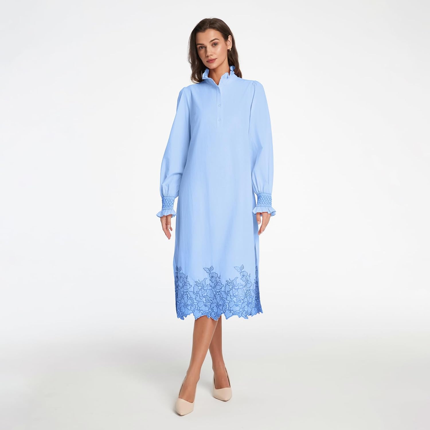 Womens Button Down Shirt Dress Long Sleeve Casual Flower Embroidery Slit Midi Dresses - Image 3