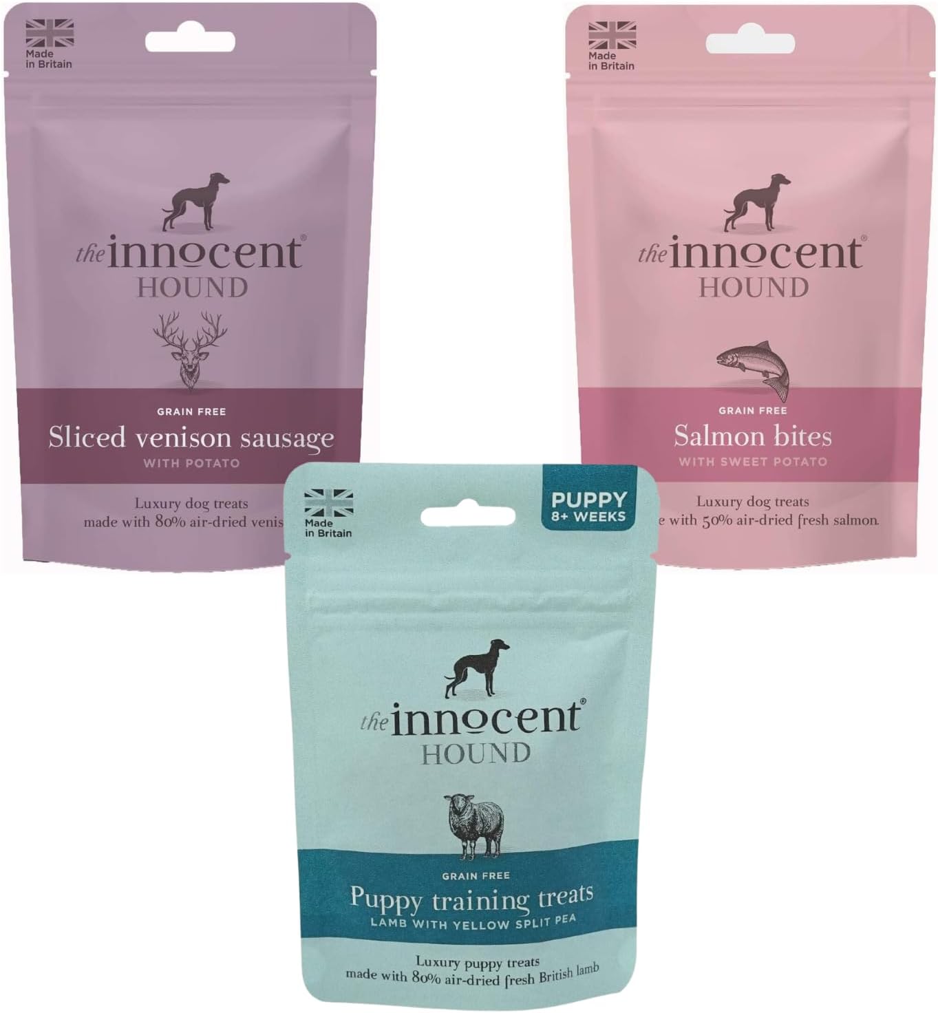 The Innocent Hound Dog Treats | Sliced Venison Sausages with Potato 70g, Salmon Bites with Sweet Potato 70g and Luxury Puppy Training Treats 70g | Pack of 3