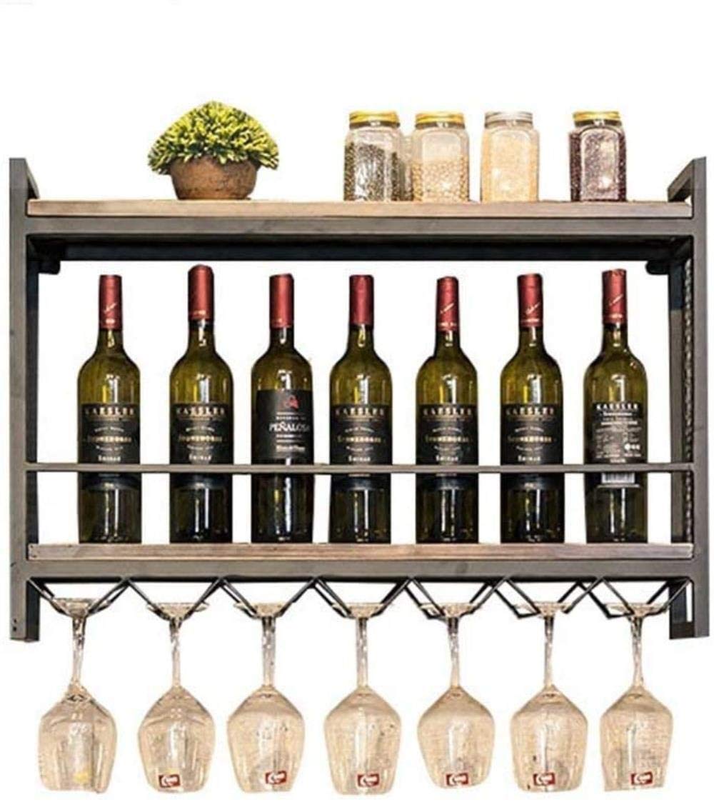 Range bouteille mural bois massif fer forgé noir avec porte verre à pied suspendu