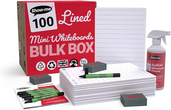 Show-me Bulk Box of 100 x A4 Lined/Plain Dry Erase Boards, pens and erasers Plus a Free Cleaner B/LIBX