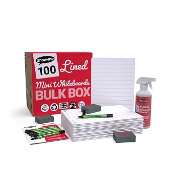 Show-me Bulk Box of 100 x A4 Lined/Plain Dry Erase Boards, pens and erasers Plus a Free Cleaner B/LIBX