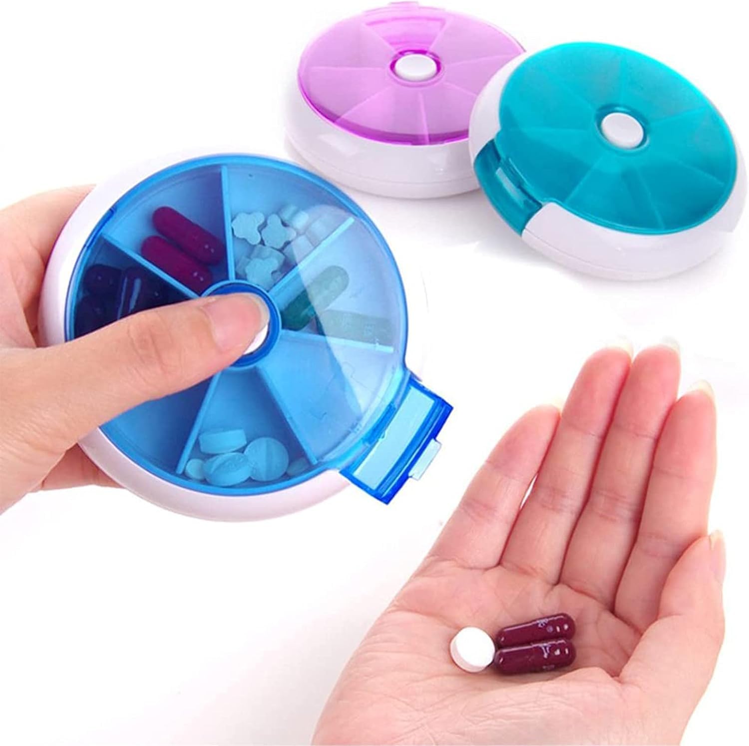 Wrixty Round Portable Pill Box Medicine Storage Box Pill Organizer 7 Compartment Medicine Tablet Case Storage Dispenser Holder (Blue)-image-39
