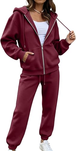 Shiketong Womens 2 Piece Outfits Light Zip Up Hoodie&Wide Le