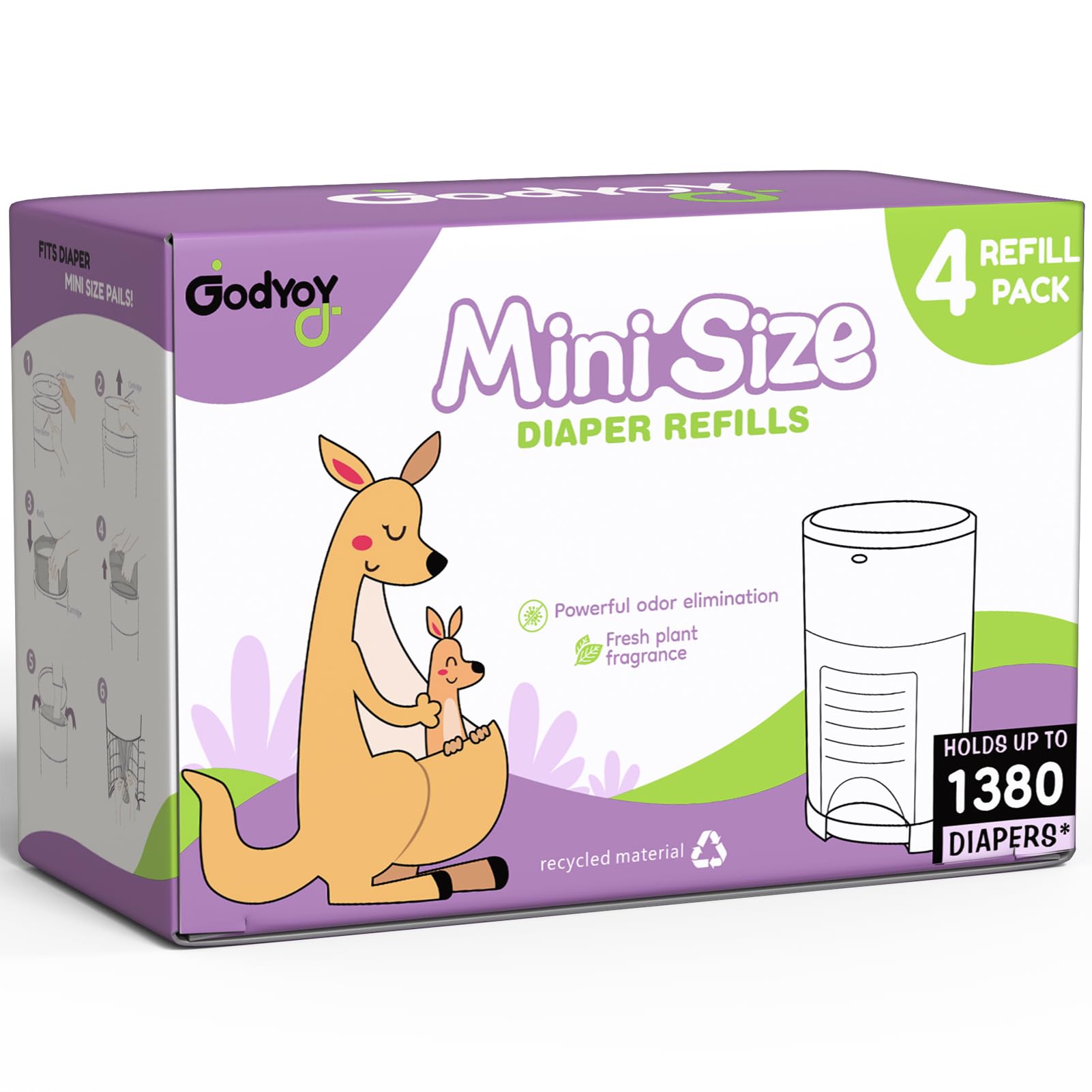Ricariche compatibili con DEKOR MINI sacchetti di ricarica per secchio per pannolini, confezione da 4 sacchetti extra spessi e potenti odori eliminano il 20% di lunghezza extra, contiene fino a
