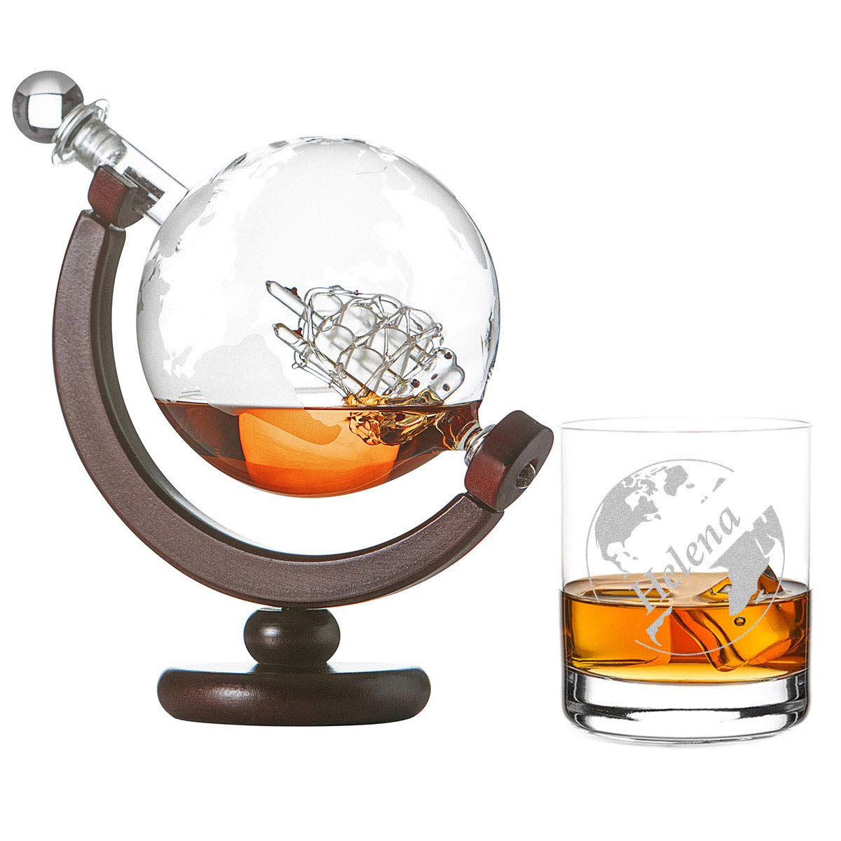 polar-effekt Set à whisky bateau à voile avec carte du monde – 1 verre à whisky tumbler avec gravure motif globe – Bouteille Scotch décanteur en verre 850 ml – Idée cadeau pour Noël
