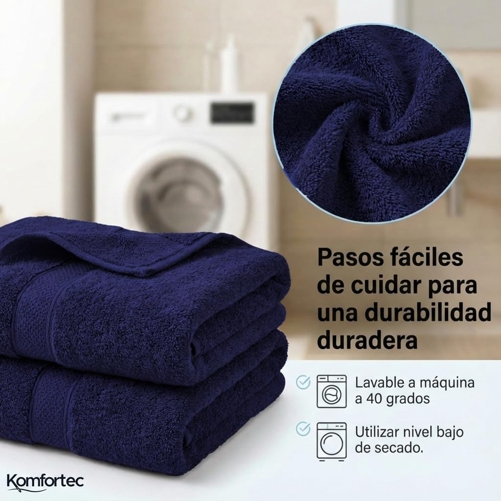Komfortec Juego de 8 Toallas 100% Algodón | 4 Toallas de Baño 70 x 140 cm y 4 Toallas de Lavabo 50 x 100 cm – Juego de Toallas Suaves y Absorbentes – Azul Marino