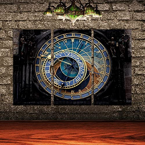 Wall Art Oil Painting Prague Astronomical Clock Canvas Prints For Home Decorations, 16"X32"X 3 Panels With Frame #TOP4
