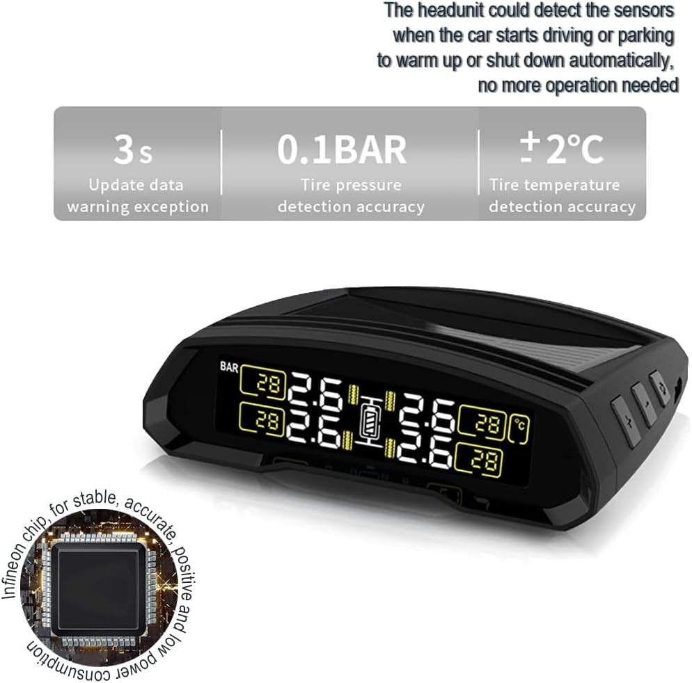 T802 Tire Monitor System Pressure Temperature Wireless TPMS RF Sensors Internal/External Real-time Monitoring Freescale Chipset Solar Power/Mini USB (Upgraded Inner Sensor/Battery Replaceable)