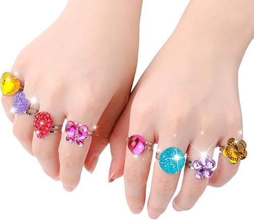 Miniatura 5 de Hifot 24 anillos ajustables de cristal para niñas, anillos de dedo de joyería de princesa con caja en forma de corazón, anillos de simulación