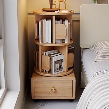 2/3 Tier Rotating Bookshelf with Drawers On Wheel, 360 Display Spinning Corner Book Shelf Tower, Narrow Tall Bookshelves, Small Revolving Bookcase, Wooden Book Shelf Standing Storage Rack,C,3