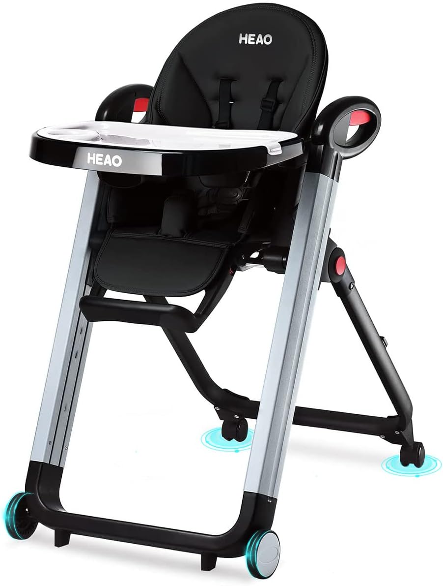 HEAO High Chair for Babies & Toddlers, Foldable Highchair with 7 Different Heights,5 Reclining Seat Position and 3-Setting Footrest, Detachable Trays & Seat Cushion, 4 Wheels with Locks