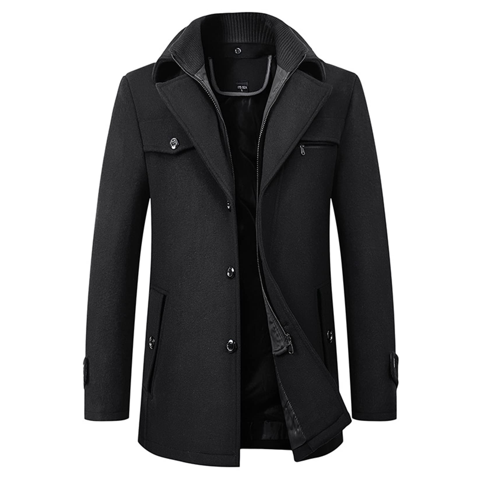 ジャケット・アウター High neck wool p coat jacket Black zip Mens Wool Blend Trench Coats Middle-length Double Collar Zipper