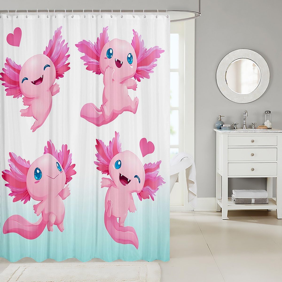 Erosebridal Axolotl Shower Curtain Cute Axolotl Bath Curtain Bathroom Decor Kawaii Cartoon Animal Shower Curtain for Kids Boys Girls Teens Pet Wildlife Reptile Bathroom Sets, Pink 72" W x 84" L