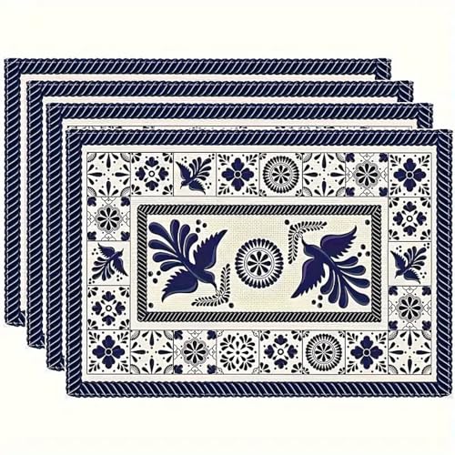 Manteles Individuales Lavables Flor Geométrica Azul Manteles Individuales de Lino Moderno Lavables Resistente al Calor Impermeable para de Cocina Hoteles Restaurante 30x45cm, Juego de 2