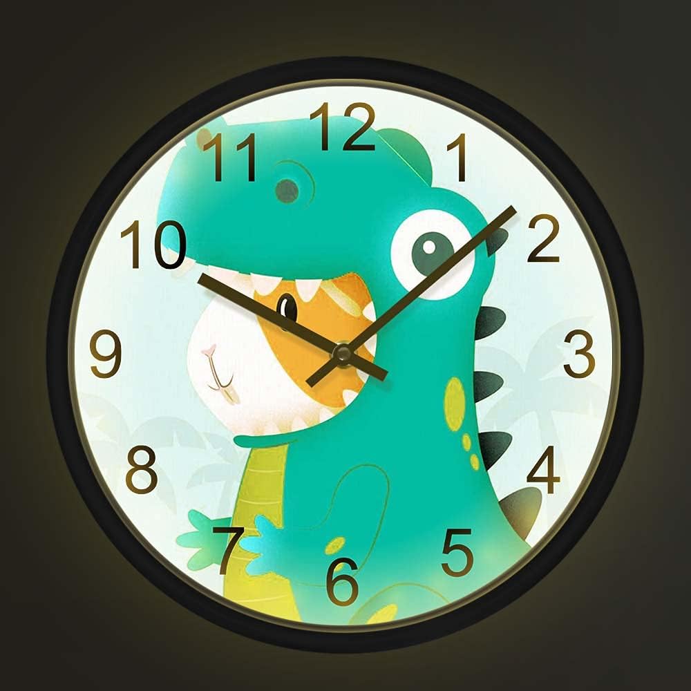 Geek Alerts Voice Activated LED Lighting Dinosaur Cartoon Wall Clock Cartoon Dino Metal Frame Silent Movement Wall Watch Nursery Children's Room Decor