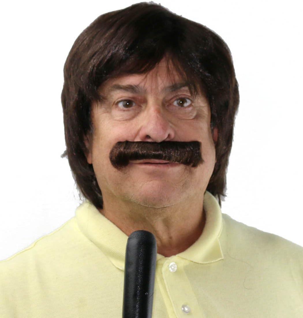 70s Mens Brown Costume Wig and Stick On Mustache Set Famous Singer Cop Detective 60's Hippie Costume Wig