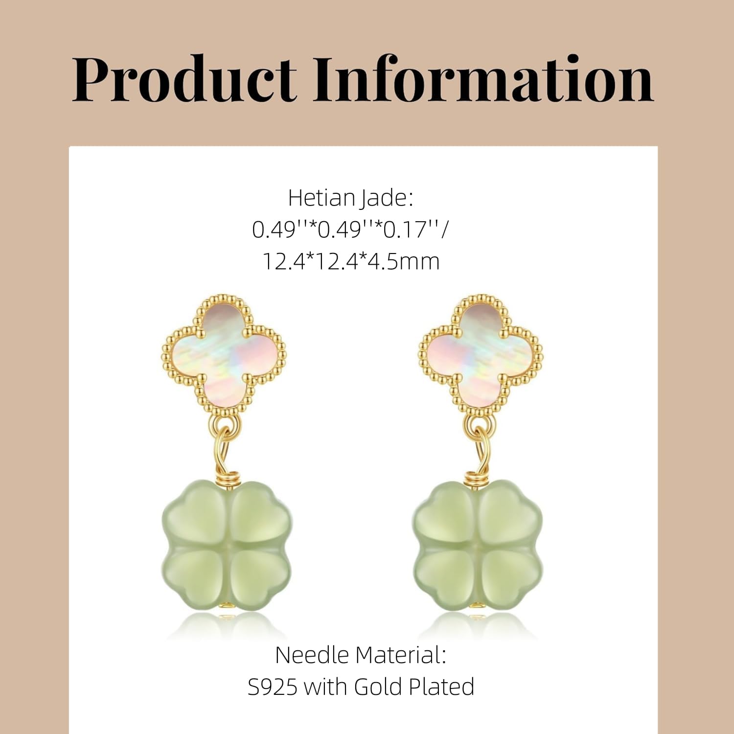 Green Natural Jade Earrings, Four Leaf Clover Jade Earrings for Women, Jade Jewelry for Women Lucky Gifts for Girls Women (925 Sterling Silver with Gold Plated)