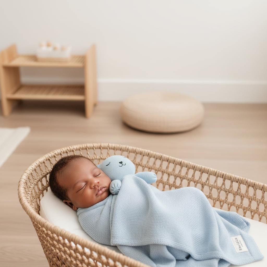 Blanket Lovey 100% Organic Cotton Baby Blanket with Comfort Lovey, Soft Security Blanket for Newborns & Toddlers (Bear- Sky Blue)