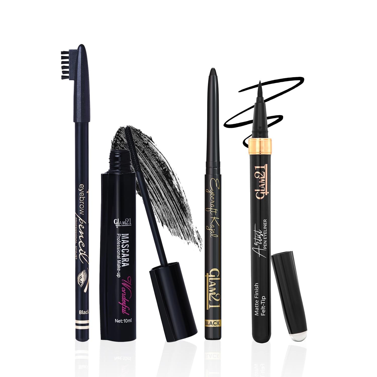 Glam21 Eye Makeup Combo Kit | Eyebrow Pencil with Spoolie, Kajal, Pen Eyeliner & Volumizing Mascara | Smudge-Proof, Waterproof, Long-Lasting | Intense Black Eye Makeup Set for Women | Set of 4-picture-44