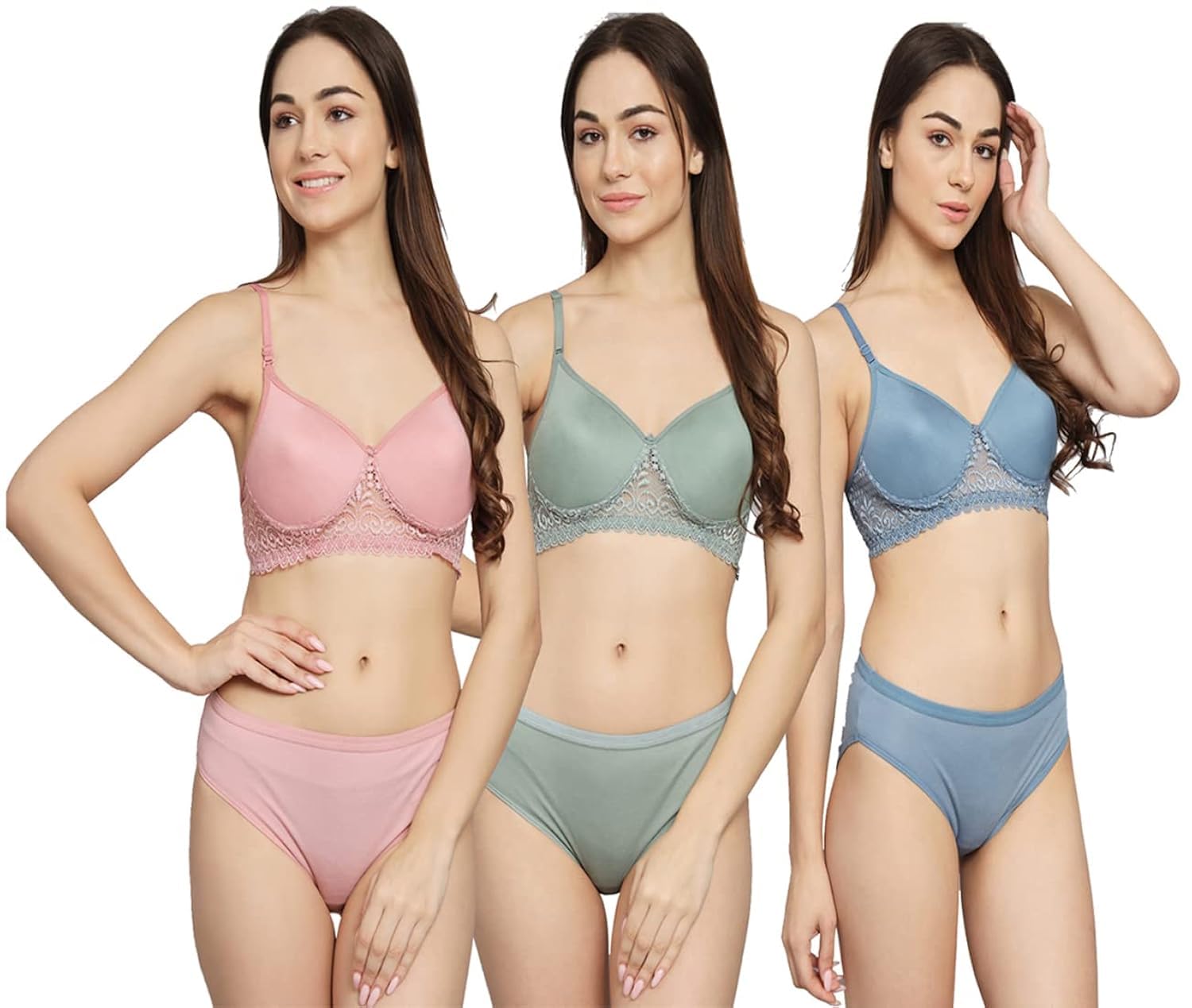 alifkart Women's Floral Lace Bra and Panty Set,Underwired Push-Up (Pack of 3 Multicolor)-picture-15