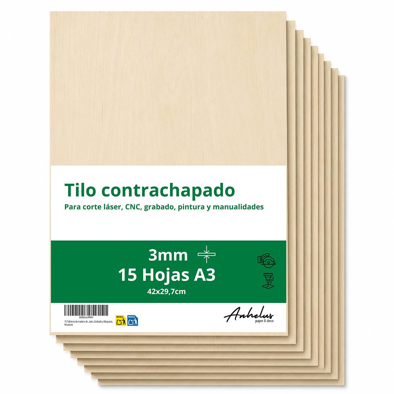 15 Tableros A3 Madera de Tilo contrachapada | 3mm grosor | 42x29,7cm