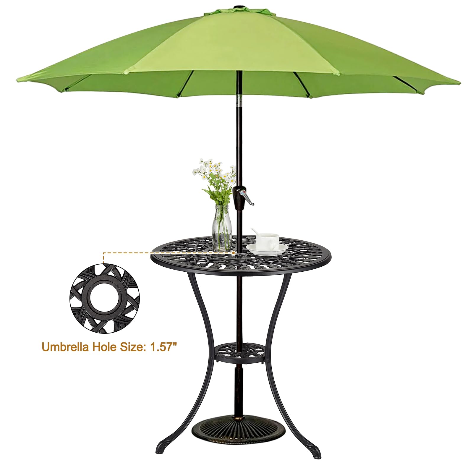 GarveeHome Mesa Bistró De Exterior Redonda De Aluminio Fundido con Orificio para Sombrilla, Mesa De Jardín Estilo Tulipán para Balcón, Terraza, Patio o Jardín, Negra
