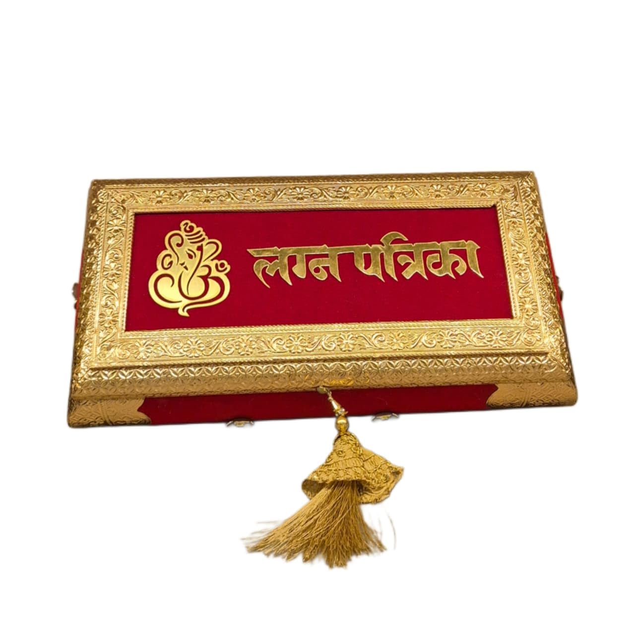 BALAJI MART Red Velvet Wedding Invitation Box with Gold Brass Frame, Design, 12x6 Inch, Traditional Marriage Patrika with Tassel 3
