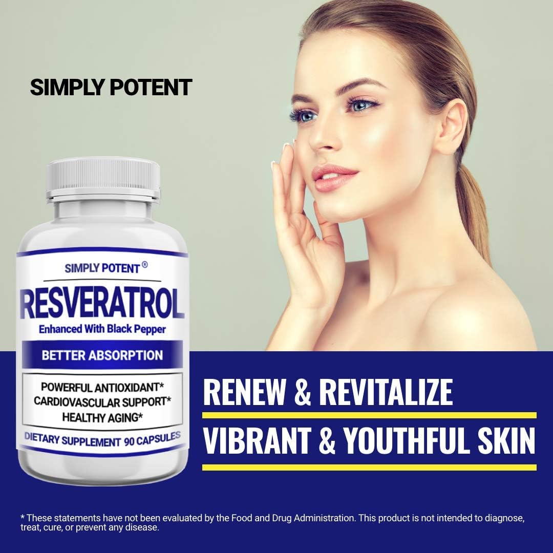 Simply Potent Resveratrol 1000mg Supplement with Black Pepper for Max Absorption, Antioxidant & Anti-Aging Pills for Heart, Immune & Skin Health, 90 Capsules