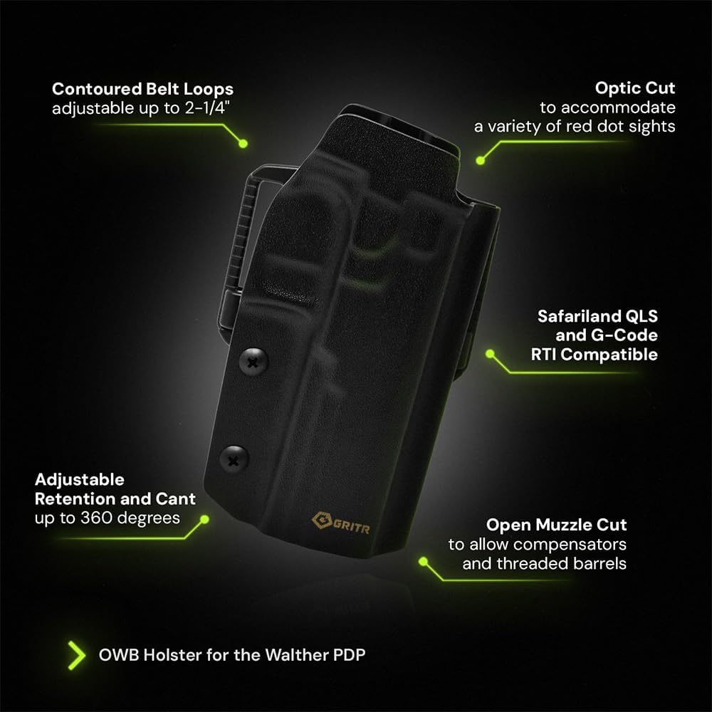 GRITR OWB Kydex Right Hand Gun Holster Fits Walther PDP Series | EDC Pistol Accessories w/Optic Cut, Adjustable Retention & Cant, Compatible with Safariland QLS/G-Code RTI Attachments