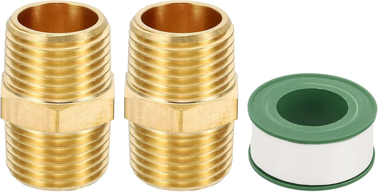 PATIKIL Brass Pipe Fittings Coupler Set, 2Pcs 1/4" x 1/4" NPT Male Thread Brass Hex Nipple Coupling Reducer Adapter Tubing Connector Adaptor with PTFE Tape for Water, Air, Oil, Gas Line