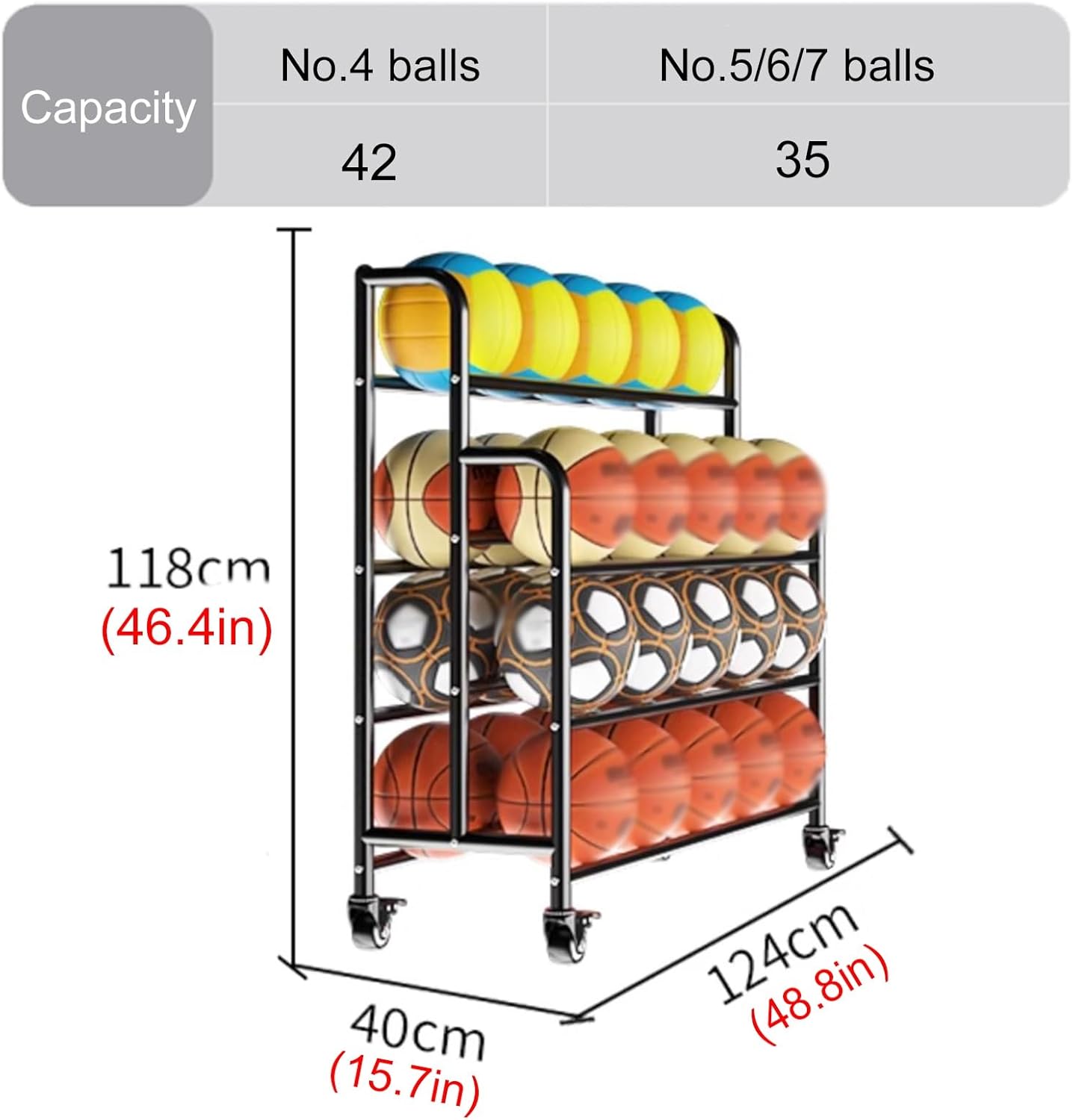 Commercial Gym Exercise Ball Holder Metal Ball Storage Racks on Brake Wheels, Heavy Duty Basketball Volleyball Football Cage Cart for Garage School Kindergarten Display, Large Capacity Organizer