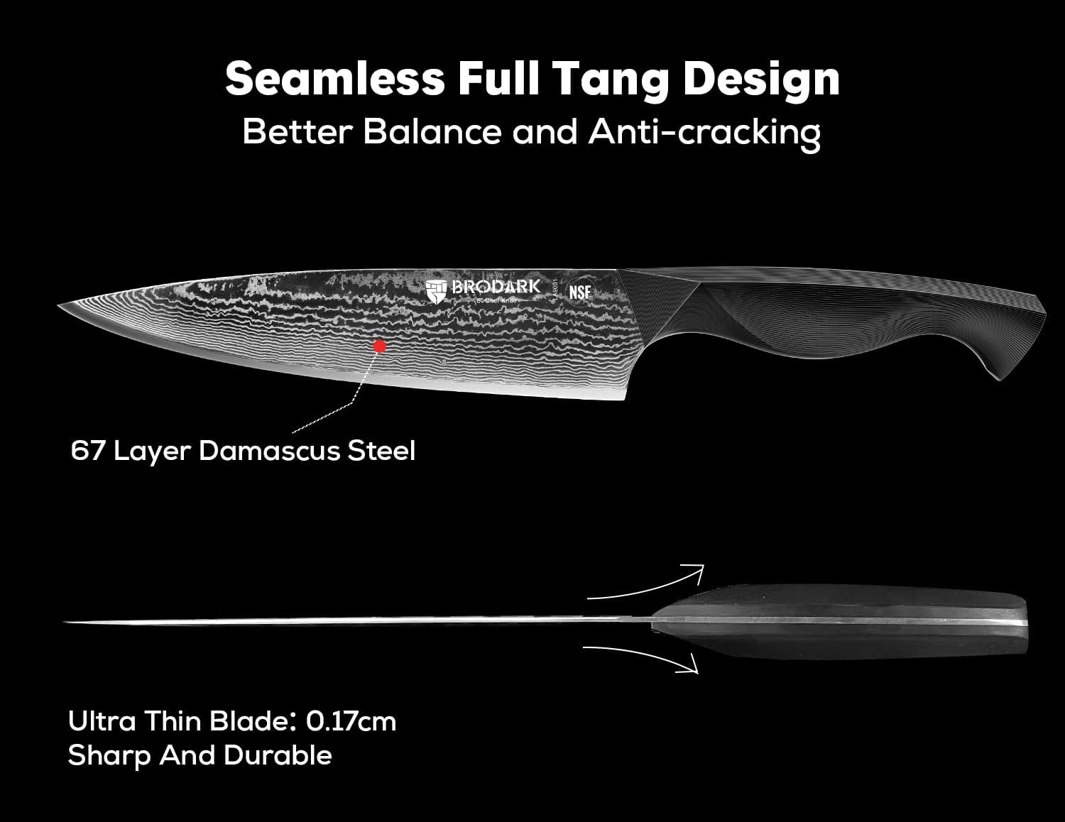 BRODARK Knife Set, Damascus Kitchen Knife Set with Block, 9 Pieces Sharp Professional Japanese Chef Knives with Ergonomic Full-Tang ABS Handle for Home, Restaurant -Christmas Gift, Dark Horse Series - Image 4