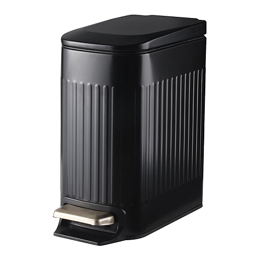 Cubo de basura delgado para baño con tapa de cierre suave, cubo de basura de acero inoxidable cubo de basura con pedal con cubo interior extraíble